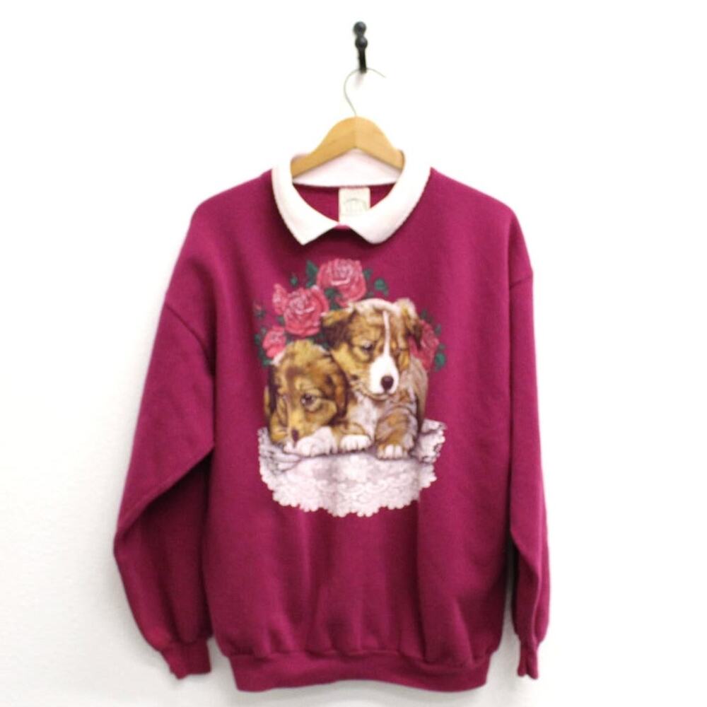 Vintage 90s Puppy Dog Roses Purple Floral Sweatshirt Women’s Large